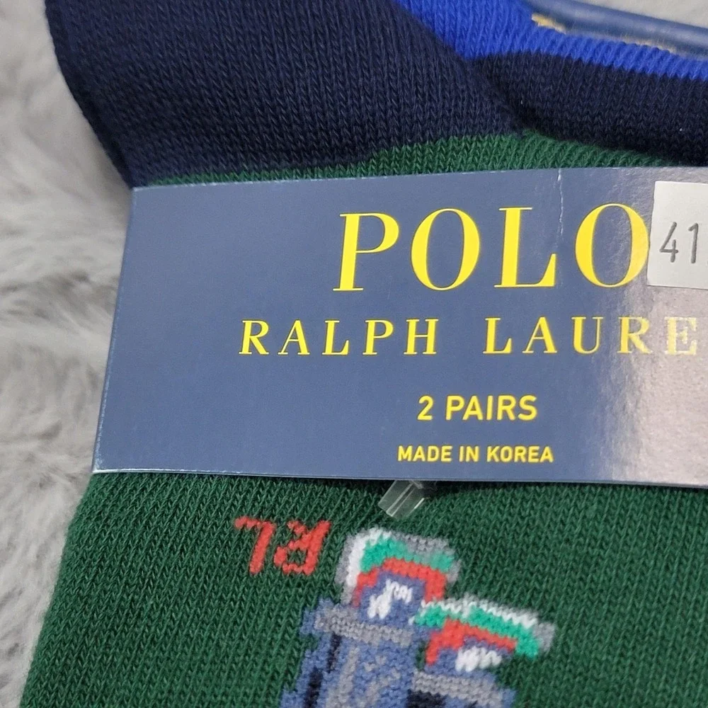 Polo Ralph Lauren Socks Mens 10-13 Green Navy Stripe Varsity Bear Crew 2 Pack